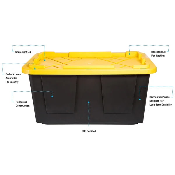 Heavy-duty tote with snap-tight lid, stackable design, reinforced construction