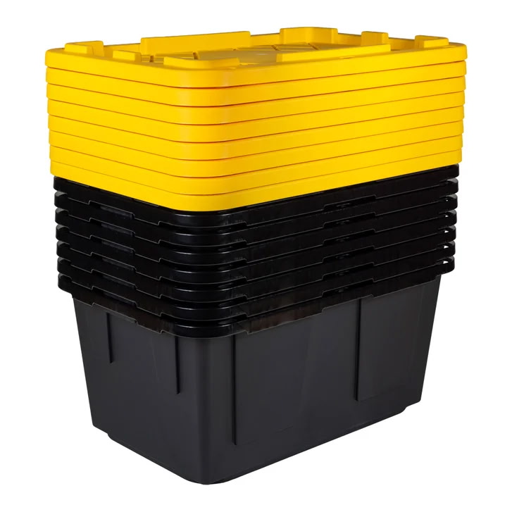 Heavy-duty totes stacked and ready to go